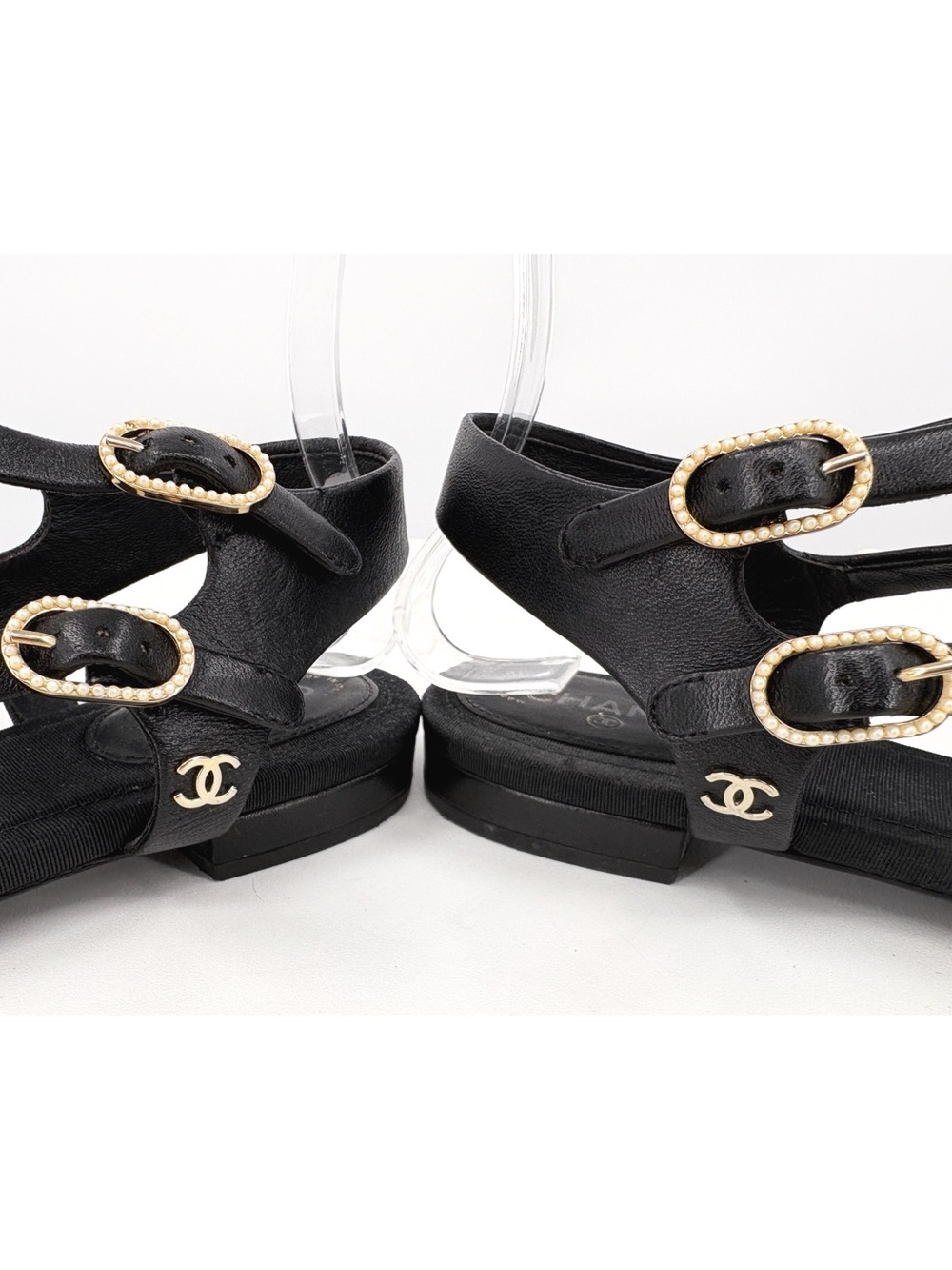 CHANEL Black Leather Pearl T-Strap Flat Thong Sandals 41 - Picture 7 of 15